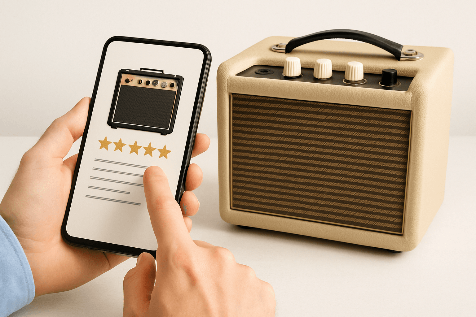 # Alt text for AMP reviews blog cover image:

A sleek amplifier sits on a light surface with warm studio lighting, showcasing its front panel controls and design details.