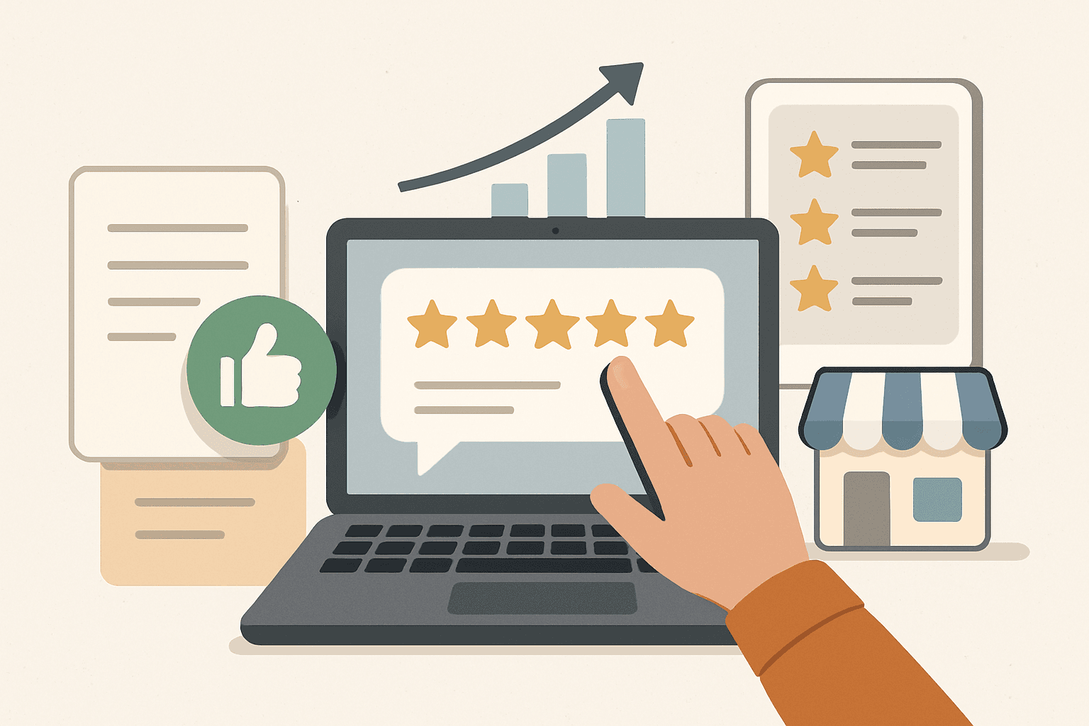 # Alt Text

A laptop displaying analytics dashboard alongside a smartphone showing customer ratings on a clean desk.