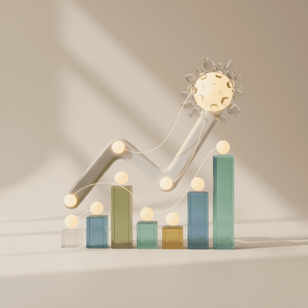 A polished smartphone displaying a digital analytics dashboard with colorful graphs and upward trend lines on screen.