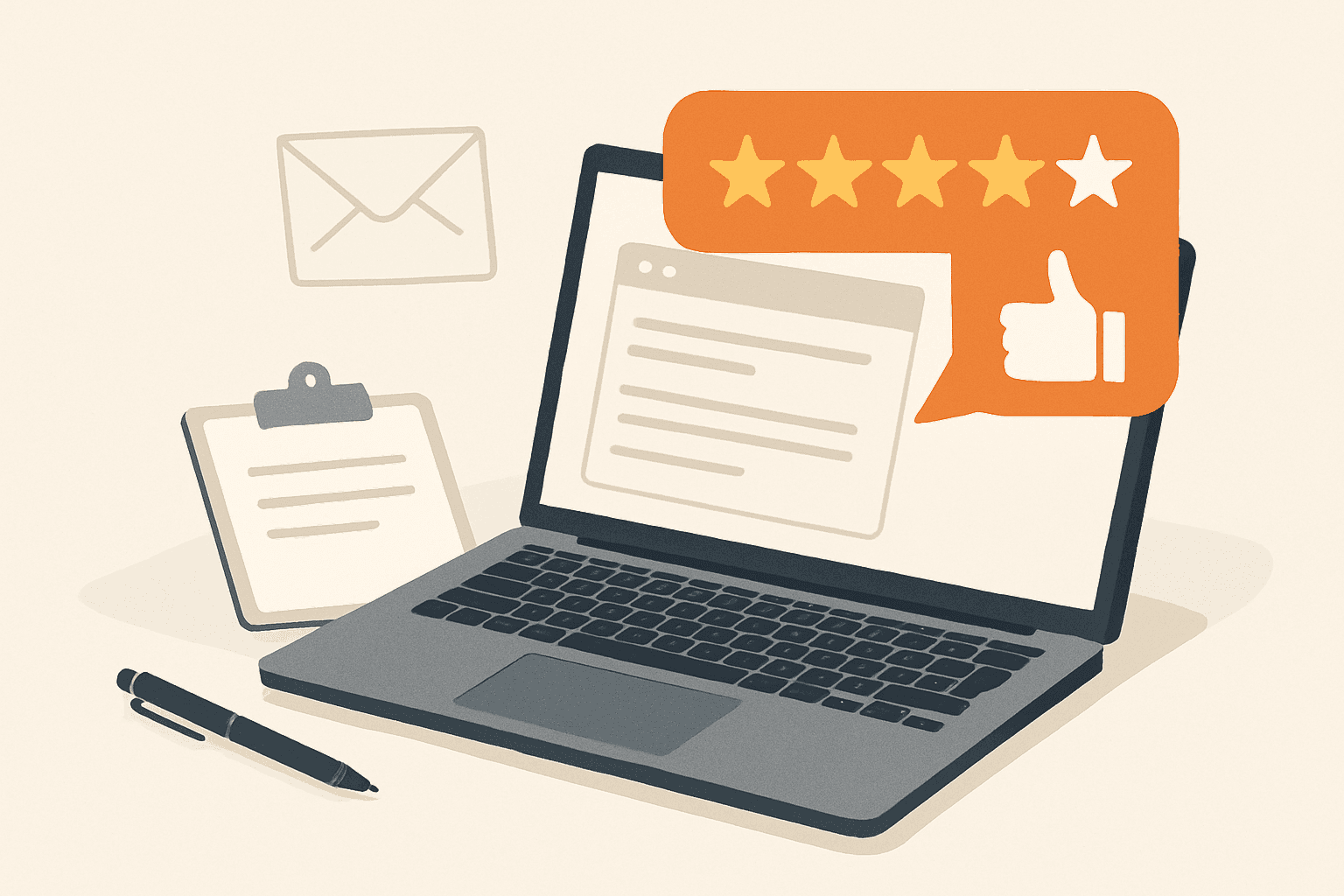 # Alt Text for Review Request Email Templates Blog Cover

A laptop displaying an email inbox on a desk with a coffee cup and notebook nearby.