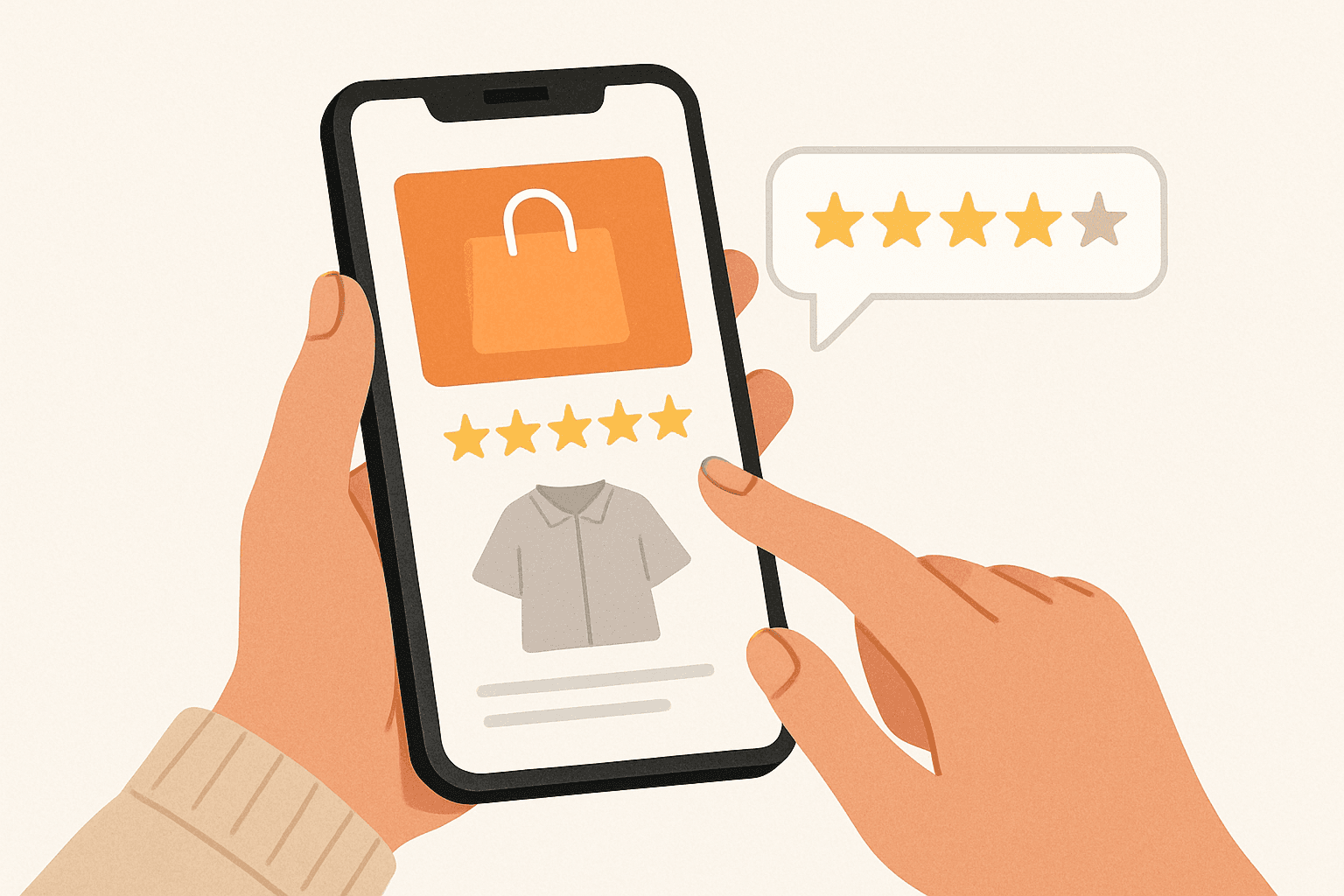 # Alt Text:

Smartphone displaying a shopping app interface with product listings and star ratings visible on screen.