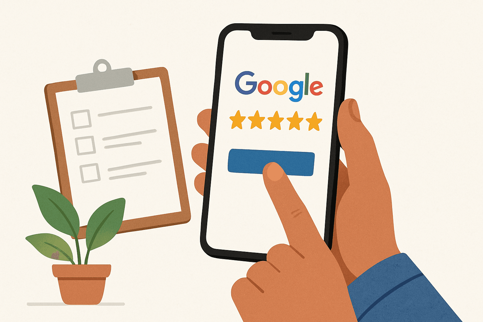 A smartphone displaying a five-star rating interface sits on a clean wooden desk with soft natural lighting.